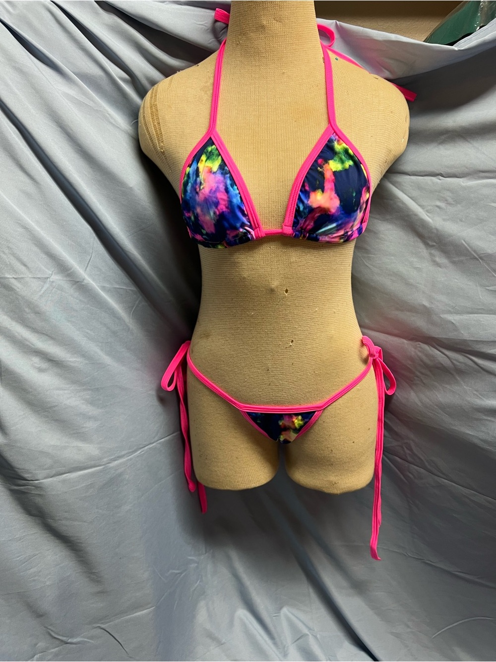 Neon Tie-Dye Triangle String Bikini with Pink Trim & Tie Sides